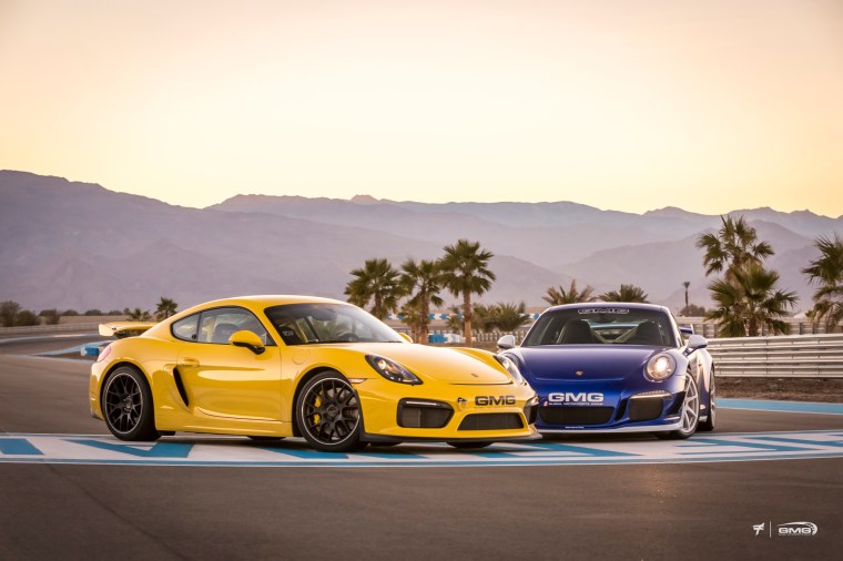 Porsche 981 Cayman GT4 vs Porsche 991 GT3. Photo: GMG Racing